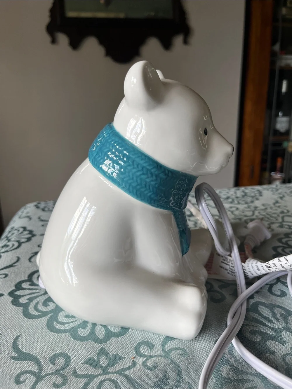 Off White Ceramic polar bear Table Lamp nightlight with blue scarf - like new
